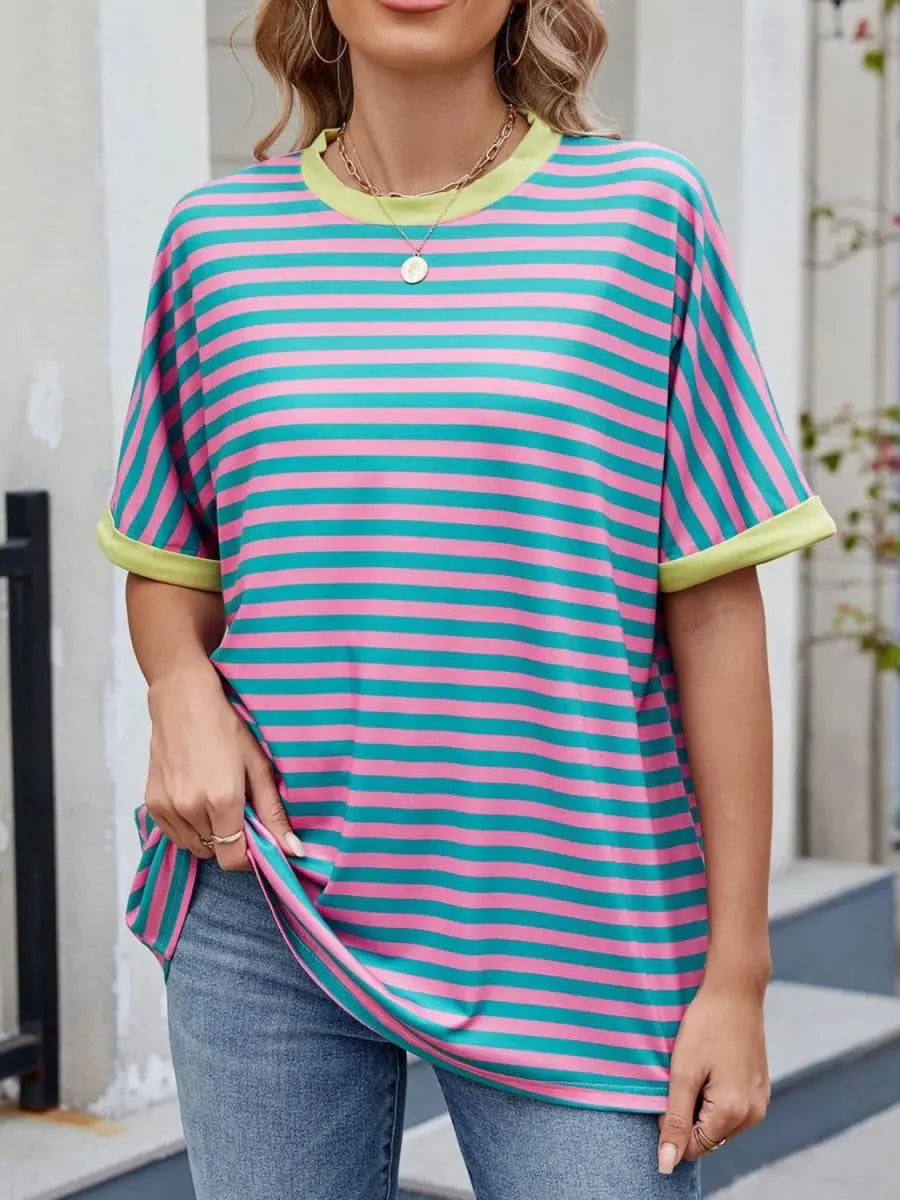 Stylish Striped Round Neck Half Sleeve T-Shirt for Women - Love Salve